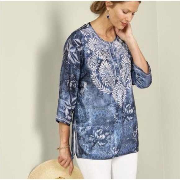 Soft Surroundings Tops - Soft Surroundings Womens Size M Silvia Blue Floral Boho Tunic Top Embroidered